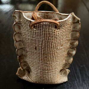 Vintage Burlap Sack Texture Brown Ceramic Clay Art Glazed Vase Leather Stamped